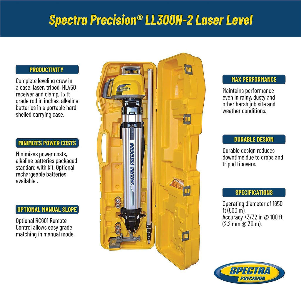 Spectra Precision LL300N-2 Laser Level, Self Leveling Kit with HL450 Receiver, Clamp, 15' Grade Rod / Inches and Tripod , Yellow